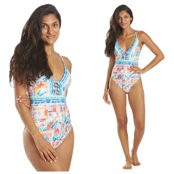 💕LA BLANCA💕 Terra Print Plunge Neck One-Piece Swimsuit ~ 10 Tera Italia NWT - Picture 6 of 14